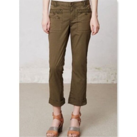 Anthropologie Hei Hei Braided Pocket Cotton Blend Green Chino Pants Sz 12 - Picture 2 of 8